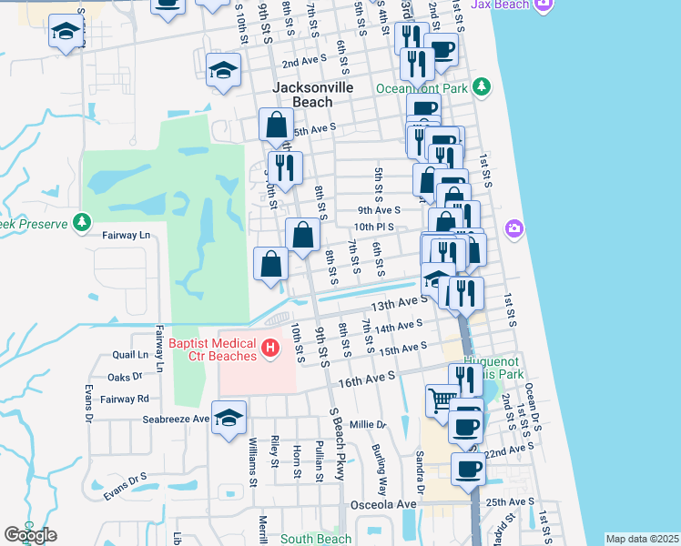 map of restaurants, bars, coffee shops, grocery stores, and more near 713 11th Avenue South in Jacksonville Beach