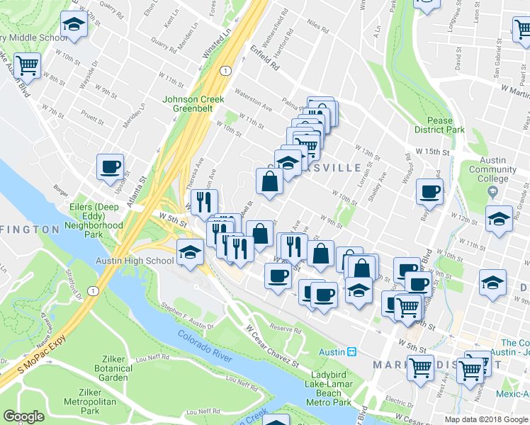 map of restaurants, bars, coffee shops, grocery stores, and more near 1609 West 8th Street in Austin