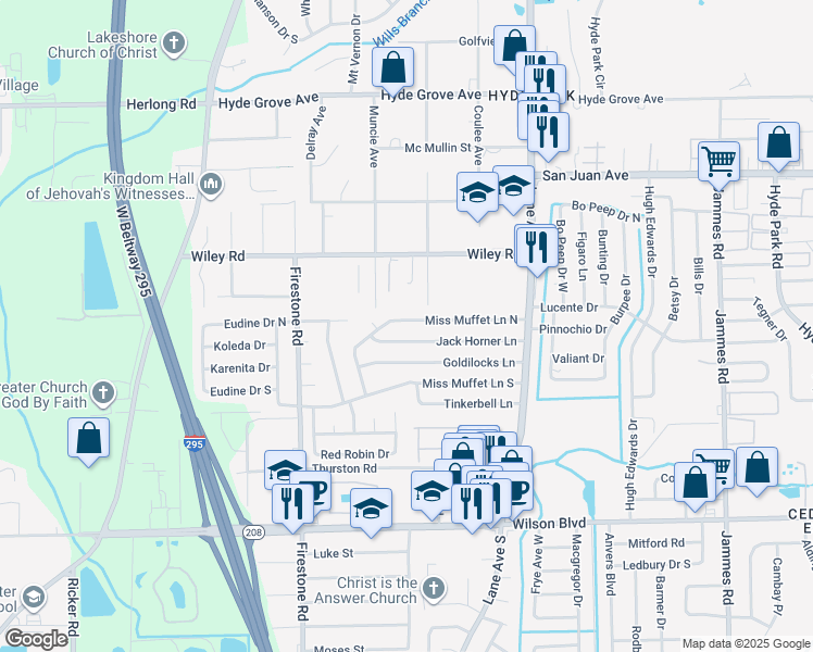 map of restaurants, bars, coffee shops, grocery stores, and more near 6941 Miss Muffet Lane North in Jacksonville