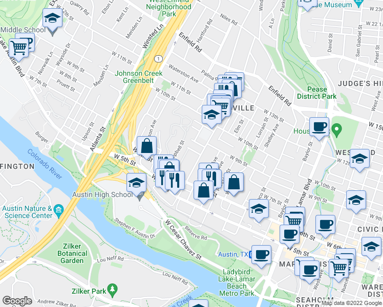 map of restaurants, bars, coffee shops, grocery stores, and more near 1607 West 8th Street in Austin
