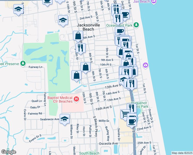 map of restaurants, bars, coffee shops, grocery stores, and more near 713 11th Avenue South in Jacksonville Beach