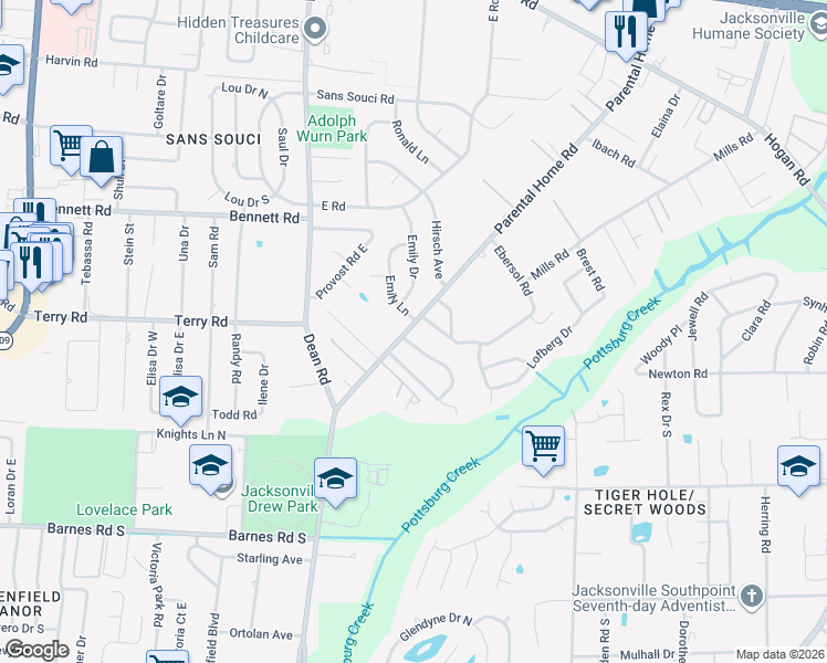 map of restaurants, bars, coffee shops, grocery stores, and more near 2558 Parental Home Road in Jacksonville