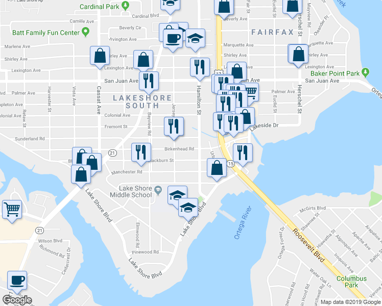 map of restaurants, bars, coffee shops, grocery stores, and more near 4535 Birkenhead Road in Jacksonville