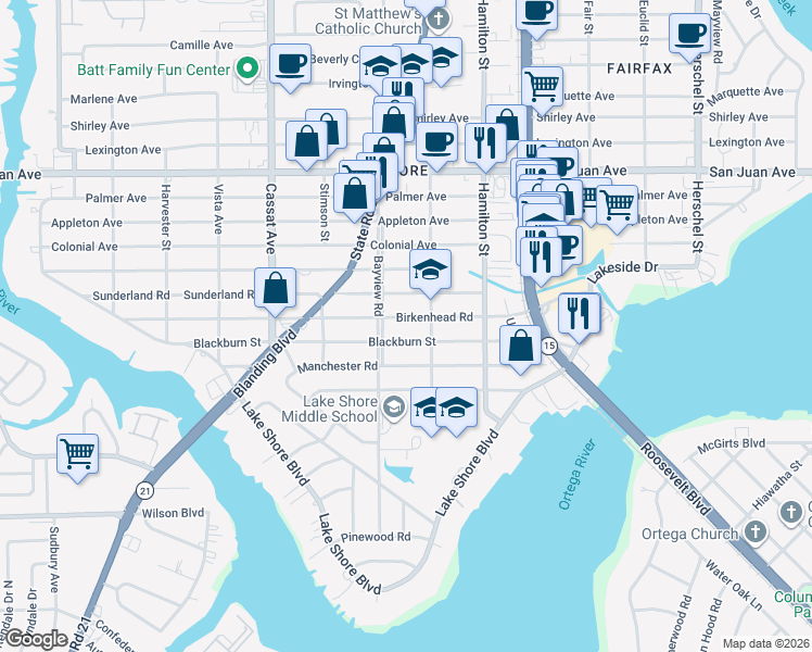 map of restaurants, bars, coffee shops, grocery stores, and more near in Jacksonville