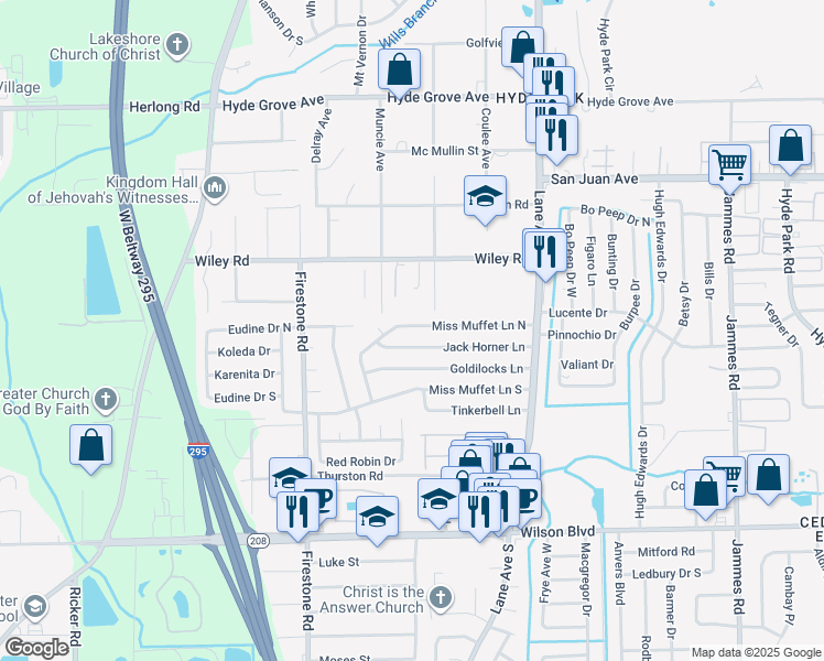 map of restaurants, bars, coffee shops, grocery stores, and more near 6941 Miss Muffet Lane North in Jacksonville