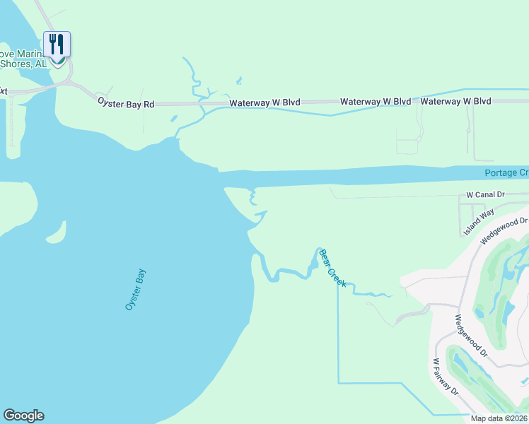 map of restaurants, bars, coffee shops, grocery stores, and more near West Canal Drive in Gulf Shores