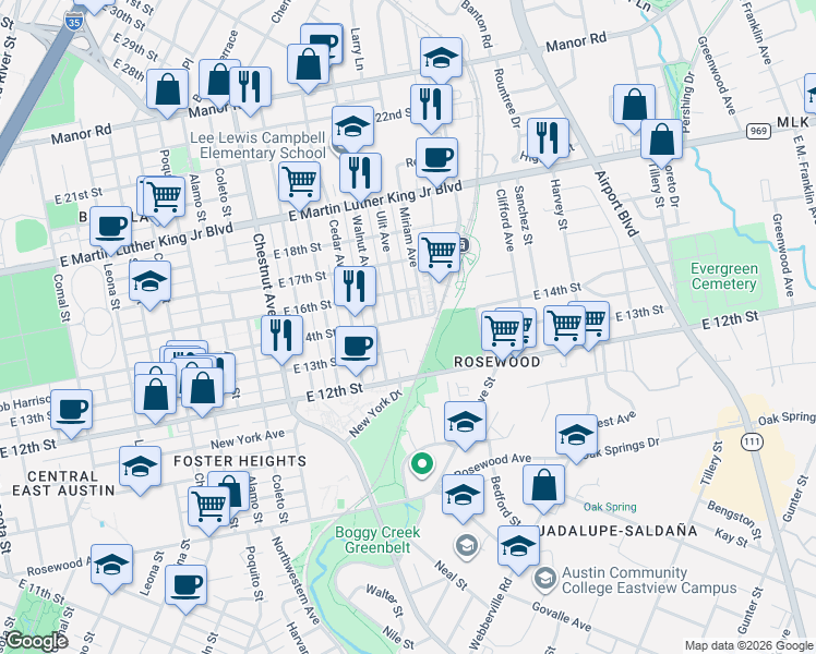 map of restaurants, bars, coffee shops, grocery stores, and more near 1405 Ulit Avenue in Austin