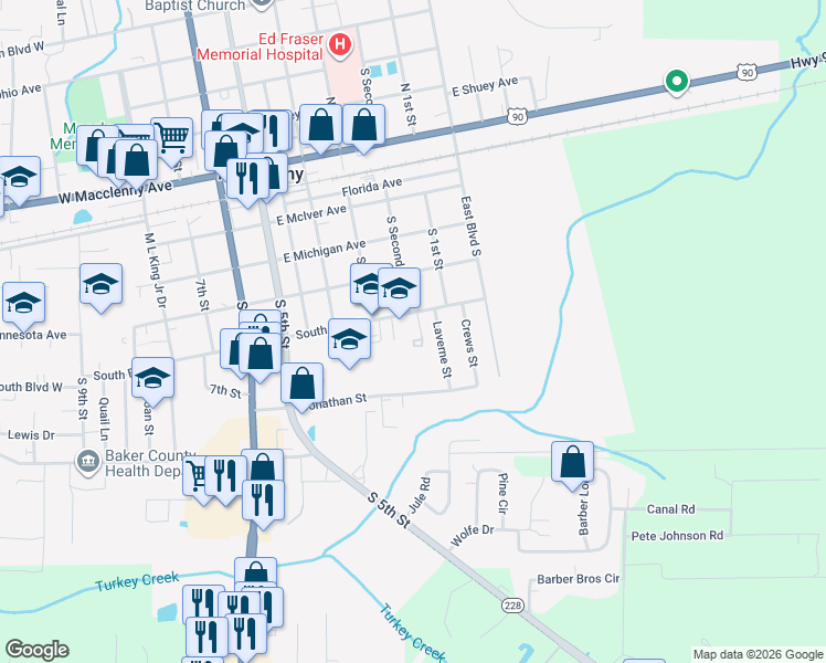 map of restaurants, bars, coffee shops, grocery stores, and more near 392 South Boulevard East in Macclenny