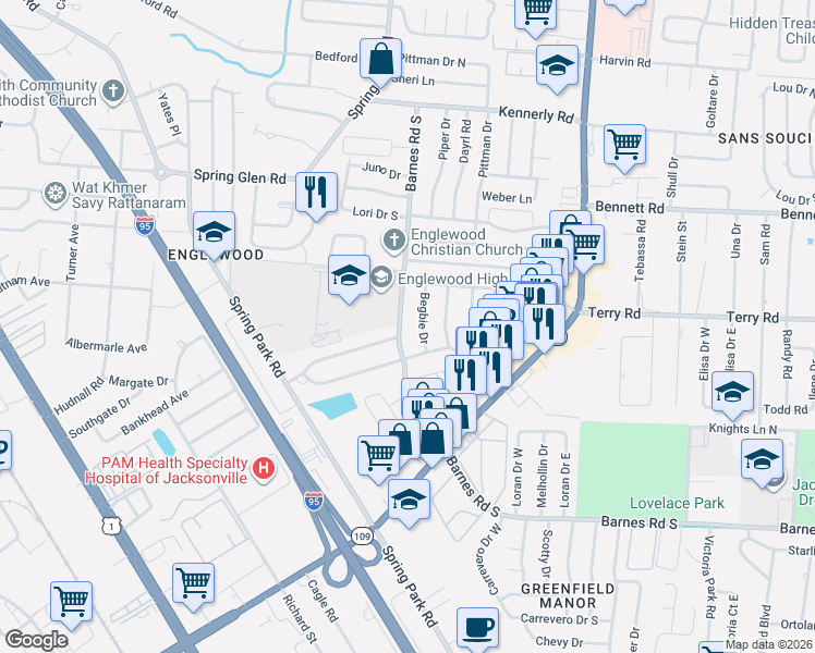 map of restaurants, bars, coffee shops, grocery stores, and more near 4503 Barnes Road South in Jacksonville