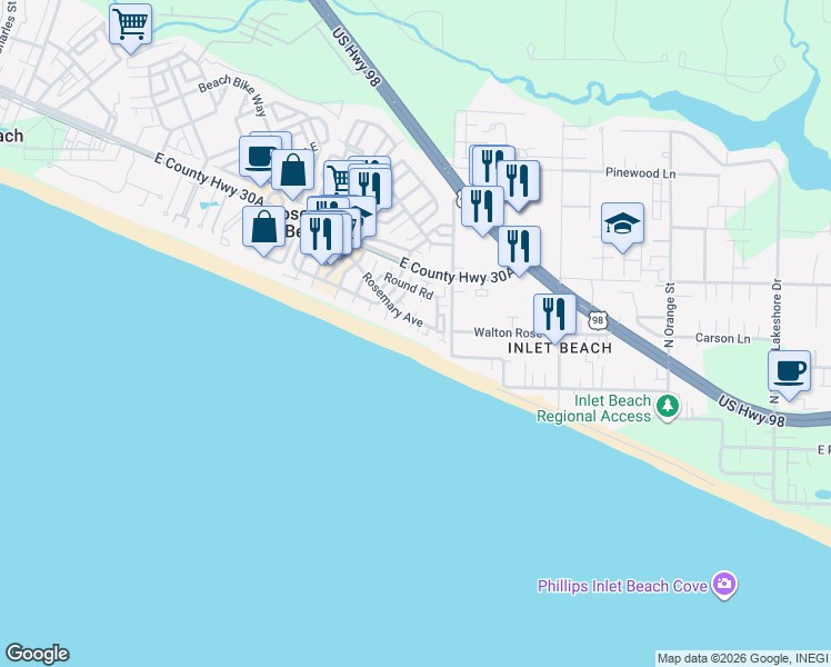 map of restaurants, bars, coffee shops, grocery stores, and more near 198 Round Road in Rosemary Beach