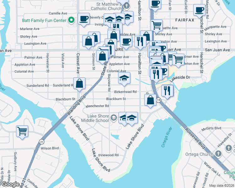 map of restaurants, bars, coffee shops, grocery stores, and more near in Jacksonville