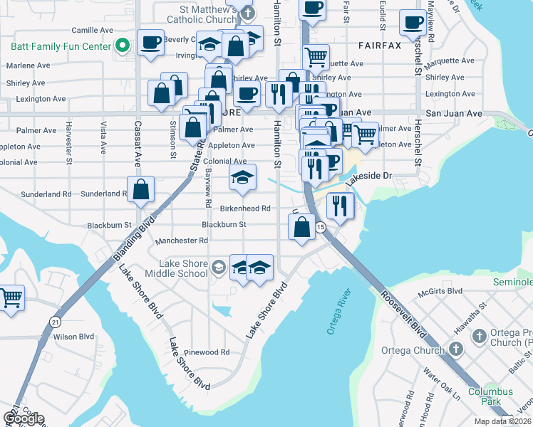 map of restaurants, bars, coffee shops, grocery stores, and more near 4535 Birkenhead Road in Jacksonville