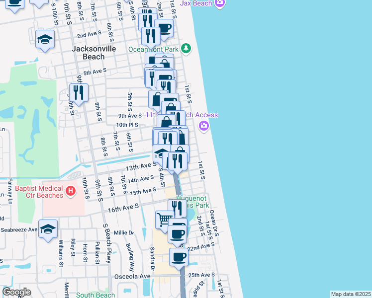 map of restaurants, bars, coffee shops, grocery stores, and more near 209 12th Avenue South in Jacksonville Beach