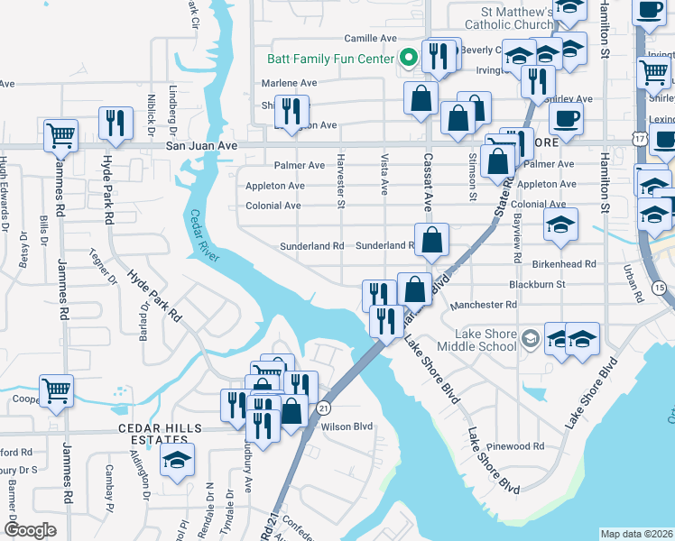 map of restaurants, bars, coffee shops, grocery stores, and more near 5213 Birkenhead Road in Jacksonville