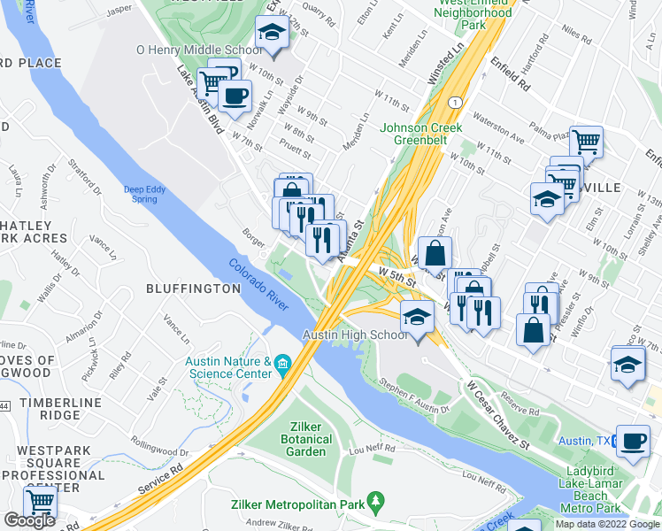 map of restaurants, bars, coffee shops, grocery stores, and more near 2201 Lake Austin Boulevard in Austin