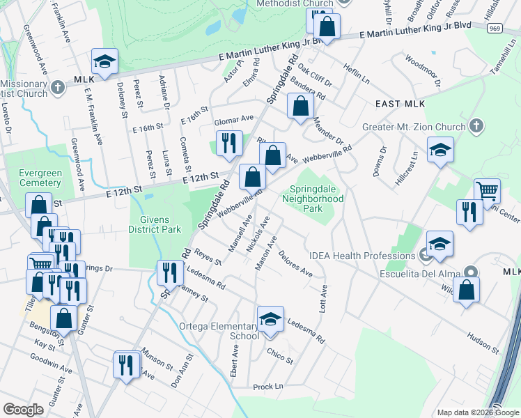 map of restaurants, bars, coffee shops, grocery stores, and more near 1163 Webberville Road in Austin