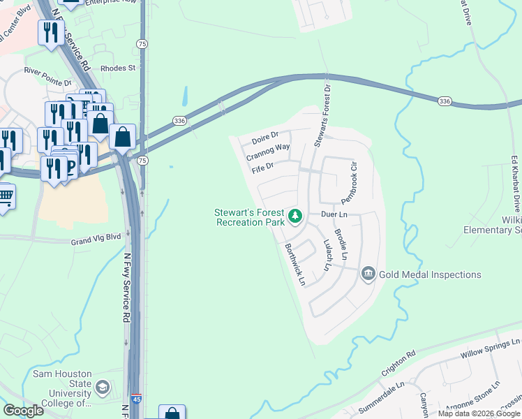 map of restaurants, bars, coffee shops, grocery stores, and more near 1906 Orkney Lane in Conroe