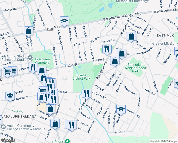 map of restaurants, bars, coffee shops, grocery stores, and more near 3811 East 12th Street in Austin