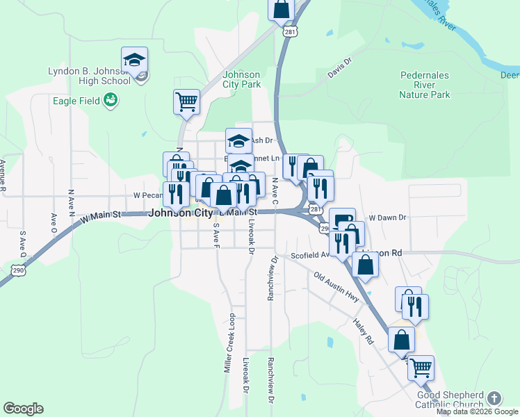 map of restaurants, bars, coffee shops, grocery stores, and more near 106 Lbj Drive in Johnson City