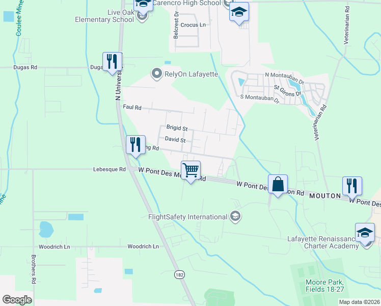 map of restaurants, bars, coffee shops, grocery stores, and more near 101 Mickey Road in Lafayette