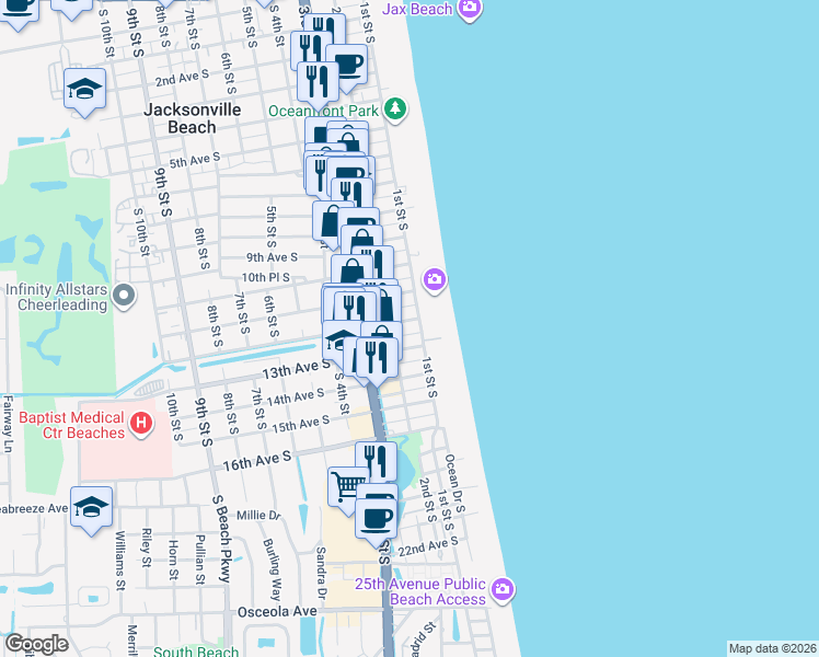 map of restaurants, bars, coffee shops, grocery stores, and more near 15 12th Avenue South in Jacksonville Beach