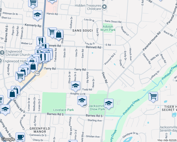 map of restaurants, bars, coffee shops, grocery stores, and more near 2551 Randy Road in Jacksonville