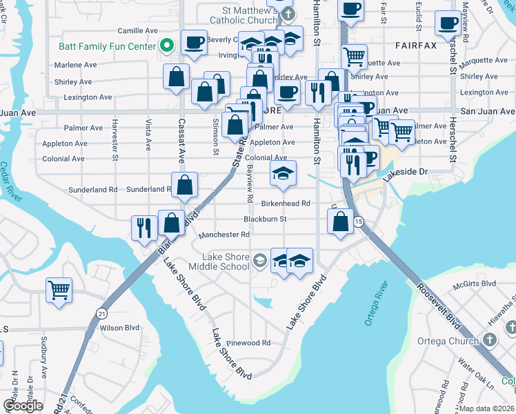 map of restaurants, bars, coffee shops, grocery stores, and more near 2263 Bayview Road in Jacksonville