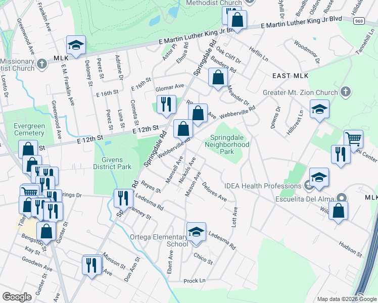 map of restaurants, bars, coffee shops, grocery stores, and more near 1163 Webberville Road in Austin