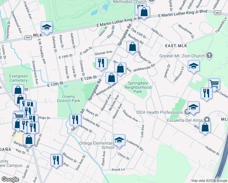 map of restaurants, bars, coffee shops, grocery stores, and more near 1163 Webberville Road in Austin