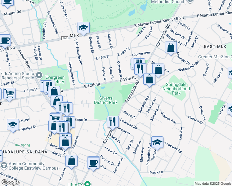 map of restaurants, bars, coffee shops, grocery stores, and more near 3811 E 12th St in Austin