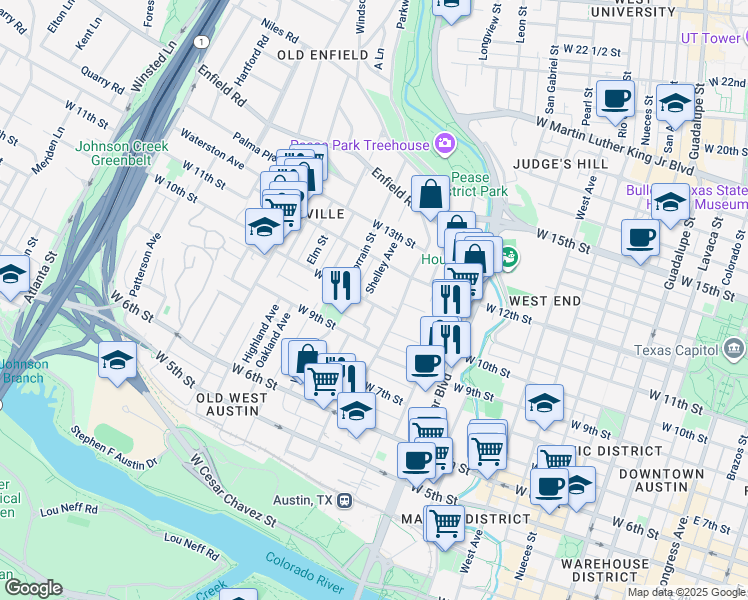 map of restaurants, bars, coffee shops, grocery stores, and more near 1302 West 10th Street in Austin