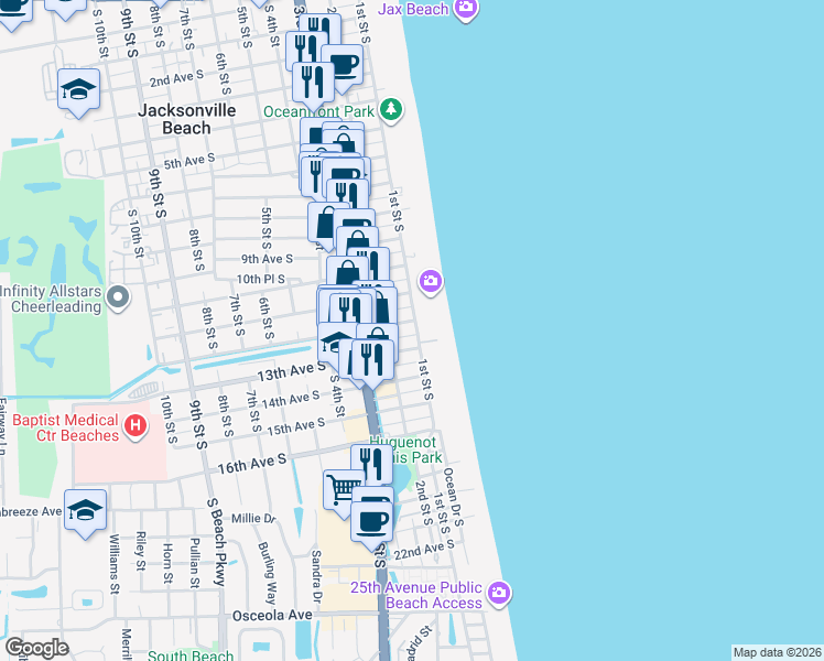 map of restaurants, bars, coffee shops, grocery stores, and more near 15 12th Avenue South in Jacksonville Beach