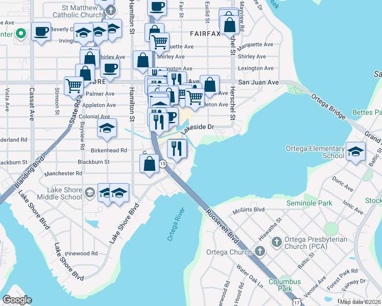 map of restaurants, bars, coffee shops, grocery stores, and more near 4401 Lakeside Drive in Jacksonville