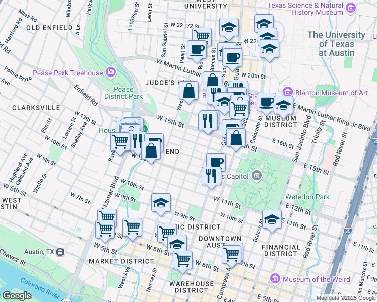 map of restaurants, bars, coffee shops, grocery stores, and more near 1402 Nueces Street in Austin