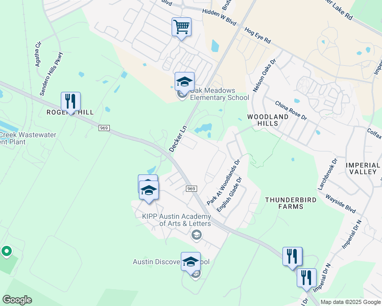 map of restaurants, bars, coffee shops, grocery stores, and more near 6107 Decker Lane in Austin