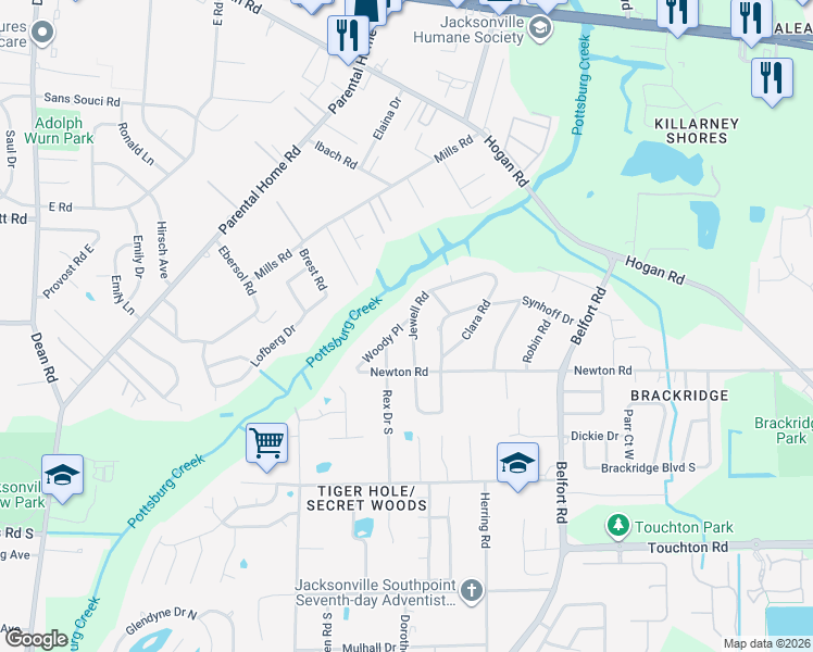 map of restaurants, bars, coffee shops, grocery stores, and more near 2744 Woody Place in Jacksonville