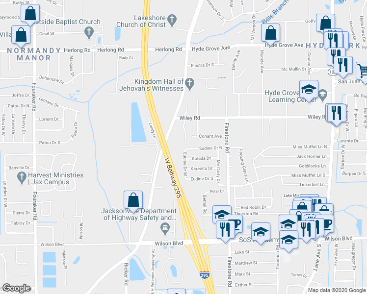 map of restaurants, bars, coffee shops, grocery stores, and more near 7269 Eudine Drive North in Jacksonville