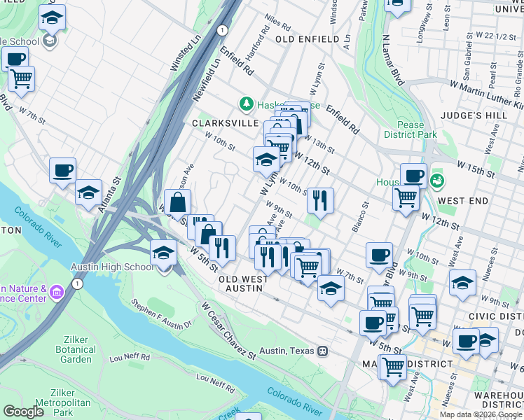 map of restaurants, bars, coffee shops, grocery stores, and more near 807 West Lynn Street in Austin