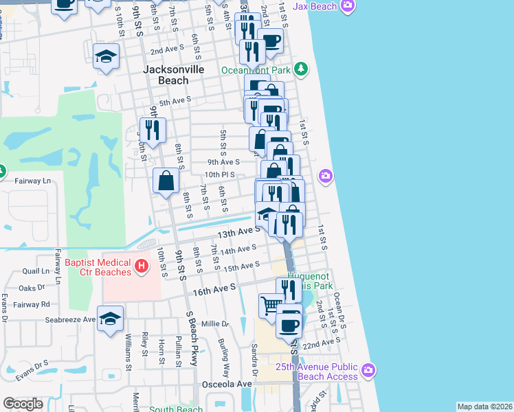 map of restaurants, bars, coffee shops, grocery stores, and more near 488 11th Avenue South in Jacksonville Beach