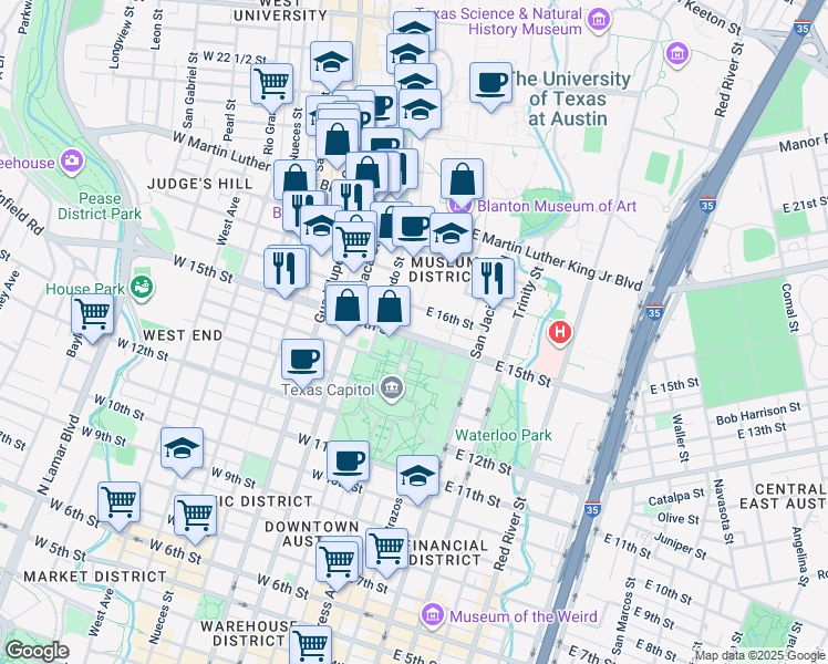 map of restaurants, bars, coffee shops, grocery stores, and more near 1510 Congress Avenue in Austin