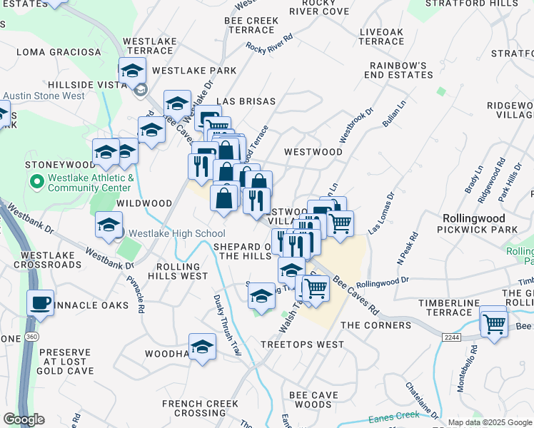 map of restaurants, bars, coffee shops, grocery stores, and more near 200 Blue Ridge Trail in Austin