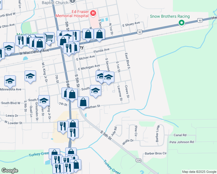 map of restaurants, bars, coffee shops, grocery stores, and more near 362 South Boulevard East in Macclenny