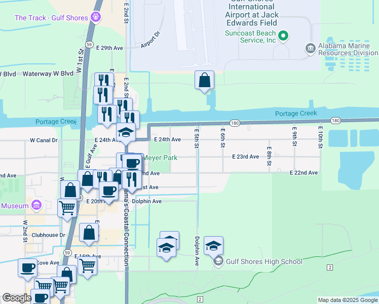 map of restaurants, bars, coffee shops, grocery stores, and more near 525 East 24th Avenue in Gulf Shores