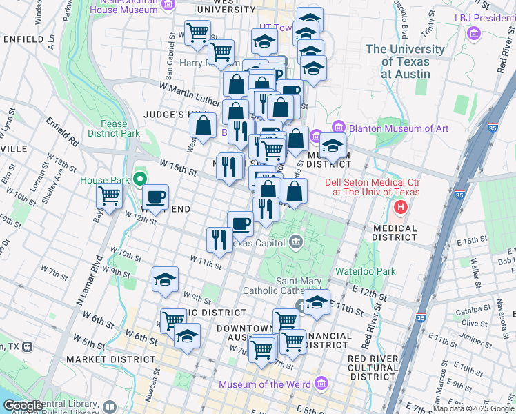 map of restaurants, bars, coffee shops, grocery stores, and more near 1400 Lavaca Street in Austin