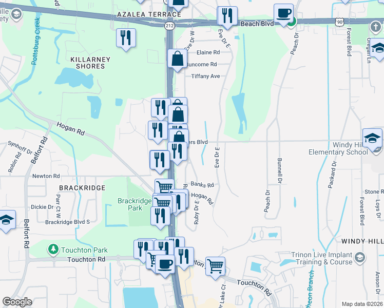 map of restaurants, bars, coffee shops, grocery stores, and more near in Jacksonville