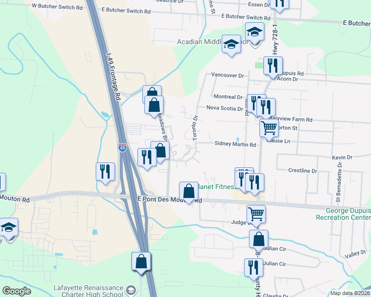 map of restaurants, bars, coffee shops, grocery stores, and more near 200 High Meadows Boulevard in Lafayette