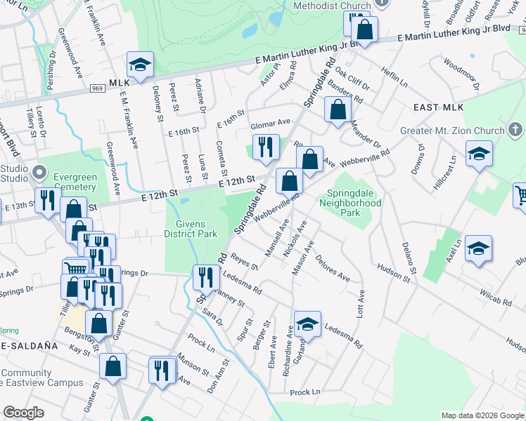 map of restaurants, bars, coffee shops, grocery stores, and more near 1169 Springdale Road in Austin