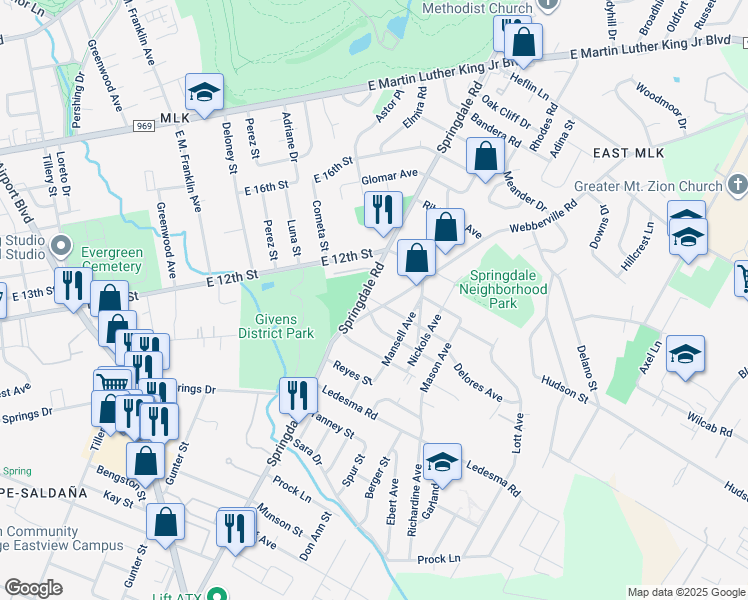 map of restaurants, bars, coffee shops, grocery stores, and more near 1169 Springdale Road in Austin