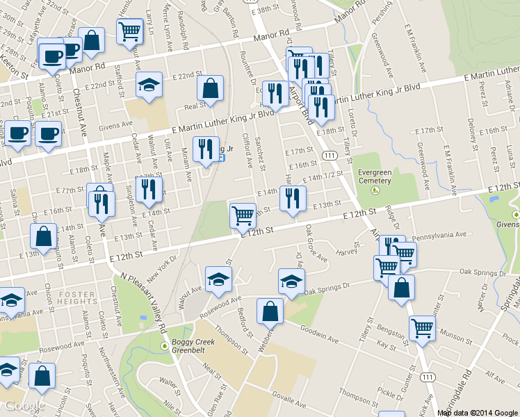 map of restaurants, bars, coffee shops, grocery stores, and more near 1306 Clifford Avenue in Austin