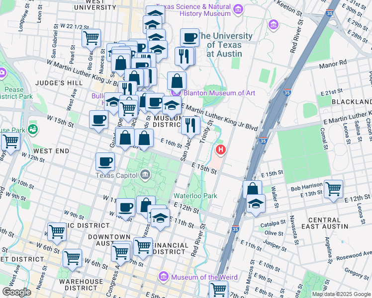 map of restaurants, bars, coffee shops, grocery stores, and more near 1607 San Jacinto Boulevard in Austin